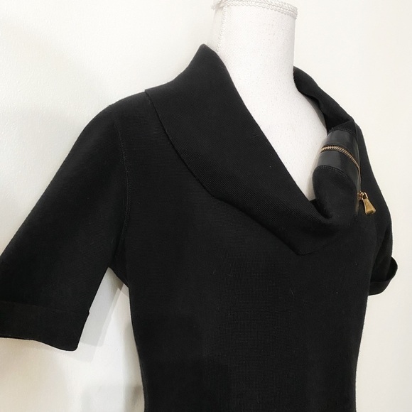 ESCADA BLACK WOOL KNITTED LEATHER ZIPPED COWL NECK SHORT SLEEVE DRESS - M - Picture 4 of 9